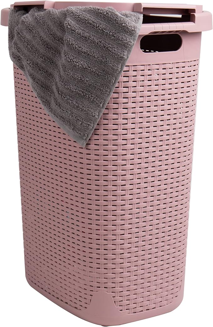 Mind Reader Slim Laundry Hamper with Lid, 60L Tall Clothes Basket, Narrow Tapered Design for Bathrooms, Closets and Laundry Rooms, Plastic, Pink