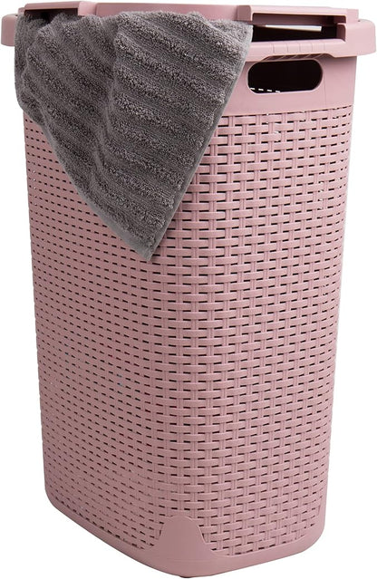 Mind Reader Slim Laundry Hamper with Lid, 60L Tall Clothes Basket, Narrow Tapered Design for Bathrooms, Closets and Laundry Rooms, Plastic, Pink