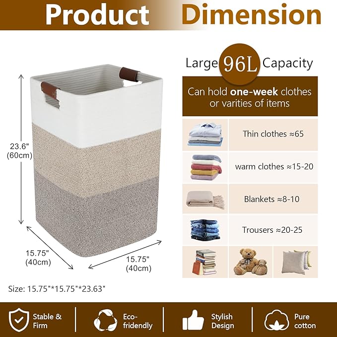 Laundry Hamper 96L Extra Large Laundry Basket, Woven Blanket Basket, Cotton Woven Storage Hamper with Handles for Living Room, Large Baskets for Pillows, Blankets, Clothes-Gradient Grey