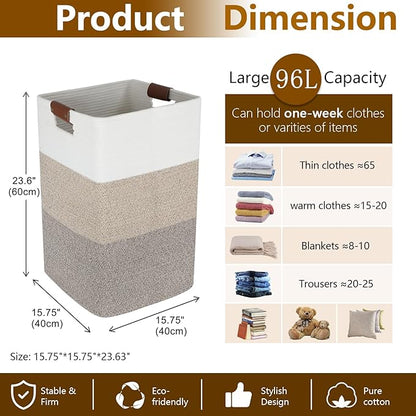 Laundry Hamper 96L Extra Large Laundry Basket, Woven Blanket Basket, Cotton Woven Storage Hamper with Handles for Living Room, Large Baskets for Pillows, Blankets, Clothes-Gradient Grey