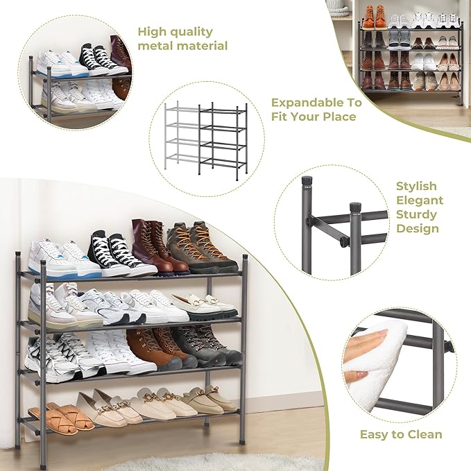 Shoe Rack, Expandable Shoe Storage Organizer for Closet, 4 Tier Metal Shoe Rack for Entryway, Adjustable Small Shoe Shelf for Front Door Entrance, Small Space, Garage