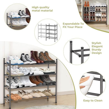 Shoe Rack, Expandable Shoe Storage Organizer for Closet, 4 Tier Metal Shoe Rack for Entryway, Adjustable Small Shoe Shelf for Front Door Entrance, Small Space, Garage