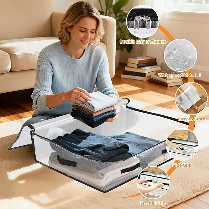 8 Pack Under Bed Storage Bags, 60L Foldable Clear Storage Containers with Handles, Dual Zippers for Comforter, Clothes, Bedding, Linen Sheets, Sweaters, Blanket Storage