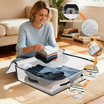 8 Pack Under Bed Storage Bags, 60L Foldable Clear Storage Containers with Handles, Dual Zippers for Comforter, Clothes, Bedding, Linen Sheets, Sweaters, Blanket Storage
