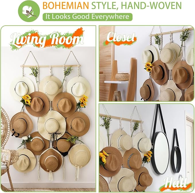 Macrame Hat Rack for Wall 31x66 in Hat Organizer with 15 Clips Hanging Hat Hanger Holder for Women Wide Brimmed Hat Storage for Fedora Boho Decorative Display