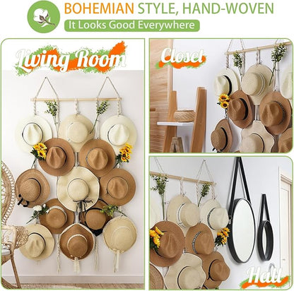 Macrame Hat Rack for Wall 31x66 in Hat Organizer with 15 Clips Hanging Hat Hanger Holder for Women Wide Brimmed Hat Storage for Fedora Boho Decorative Display