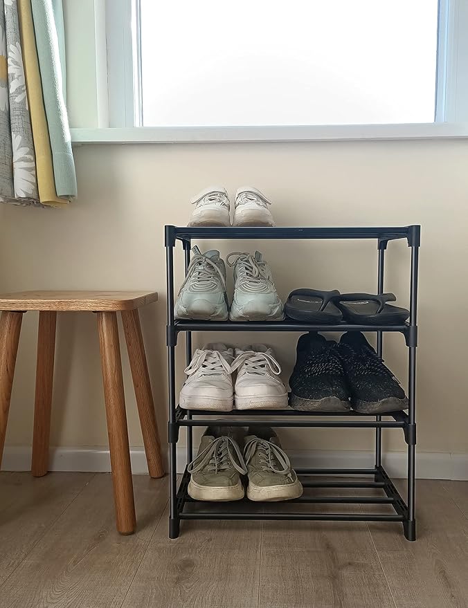 LNYZQUS Upgrade 4-Tier Small Shoe Rack, Metal Stackable Kids Shoe Shelf Storage Shoe Stand Organizer for Closet Entryway Hallway,Zapateras Organizer for Shoes(Black)