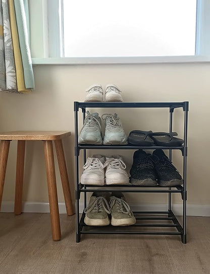 LNYZQUS Upgrade 4-Tier Small Shoe Rack, Metal Stackable Kids Shoe Shelf Storage Shoe Stand Organizer for Closet Entryway Hallway,Zapateras Organizer for Shoes(Black)