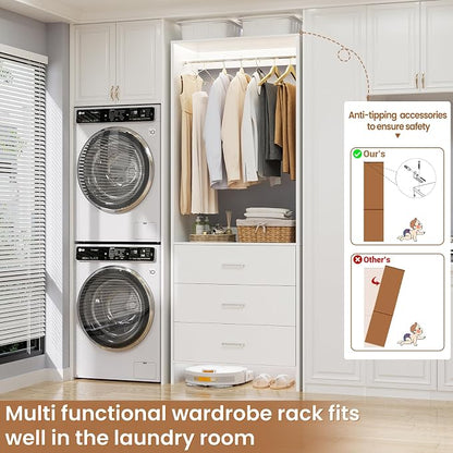 Aheaplus 2FT Closet System with 3 Drawers, 24’’ Closet Organizer, Wood Closet Organizer System, Walk-in Closet or Small Closets Wardrobe, Clothes Rack with Hanging Rods,-E6, White
