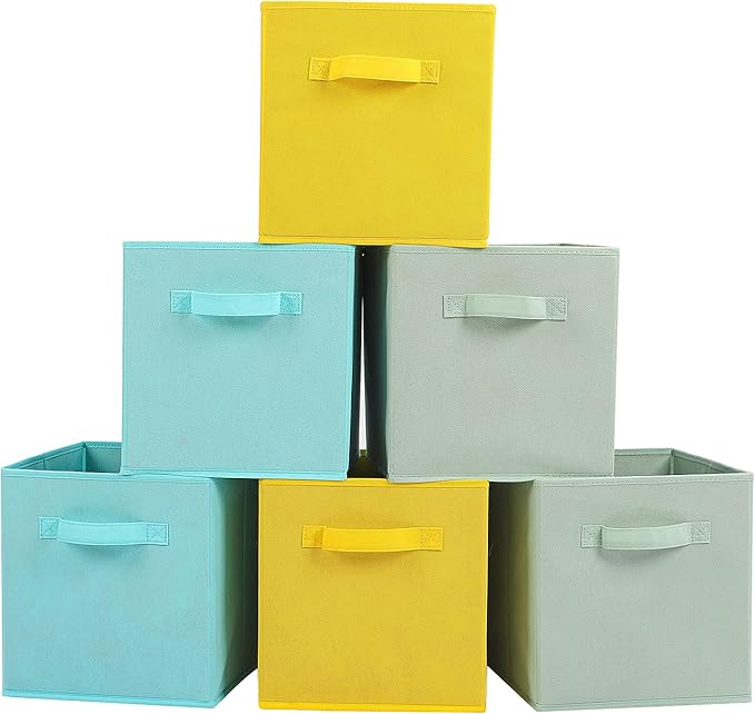 Stero Fabric Storage Bins 6 Pack Fun Colored Durable Storage Cubes with Fabric Handles Foldable Cube Baskets for Home, Kids Room, Closet and Toys Organization Cyan, Green, Yellow