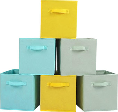 Stero Fabric Storage Bins 6 Pack Fun Colored Durable Storage Cubes with Fabric Handles Foldable Cube Baskets for Home, Kids Room, Closet and Toys Organization Cyan, Green, Yellow