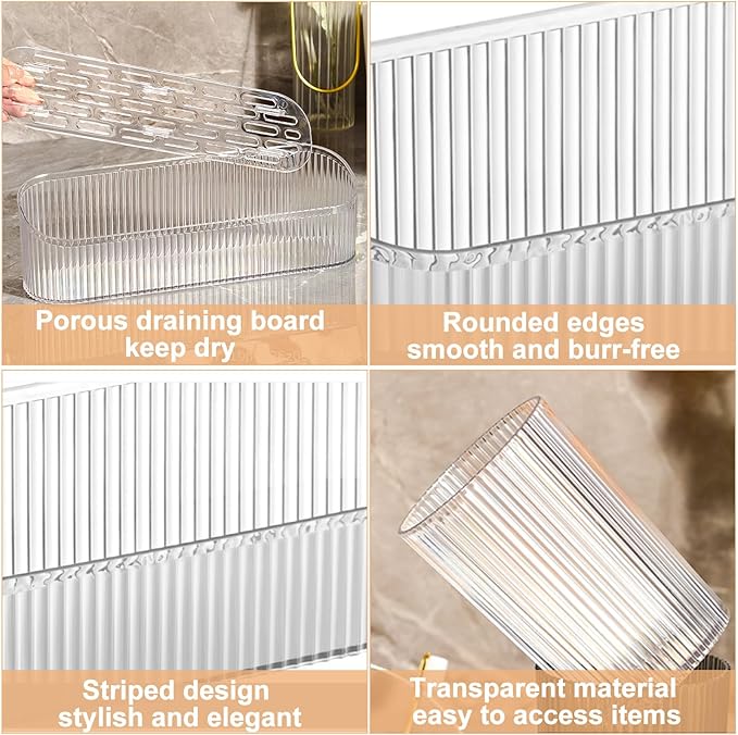 DASITON Makeup Brush Holder Organizer with 4 Cup, Vintage Striped Make Up Brush Holder for Vanity, Bathroom Toothbrush Holders, Acrylic Cosmetic Brushes Storage Organizer Pen Holder (Clear+Clear)