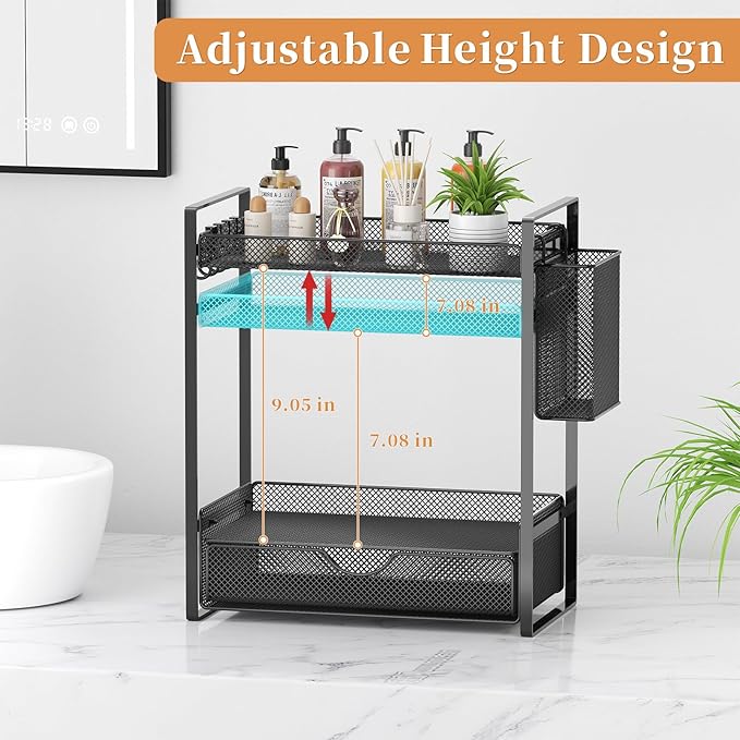 VITVITI 2 Tier Bathroom Organizer Countertop with Drawer, Metal Mesh Bathroom Counter Vanity Organizer Storage, Bath Room Sink Kitchen Spice Rack with Basket Hooks, Black