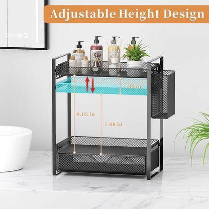 VITVITI 2 Tier Bathroom Organizer Countertop with Drawer, Metal Mesh Bathroom Counter Vanity Organizer Storage, Bath Room Sink Kitchen Spice Rack with Basket Hooks, Black