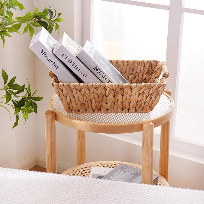 Handcrafted Water Hyacinth Basket, Hand Woven Wicker Shelf Basket for Storage, Organizing and Decoration, Rectangular, with Straight Wooden Handles, 1 Pack (Large)
