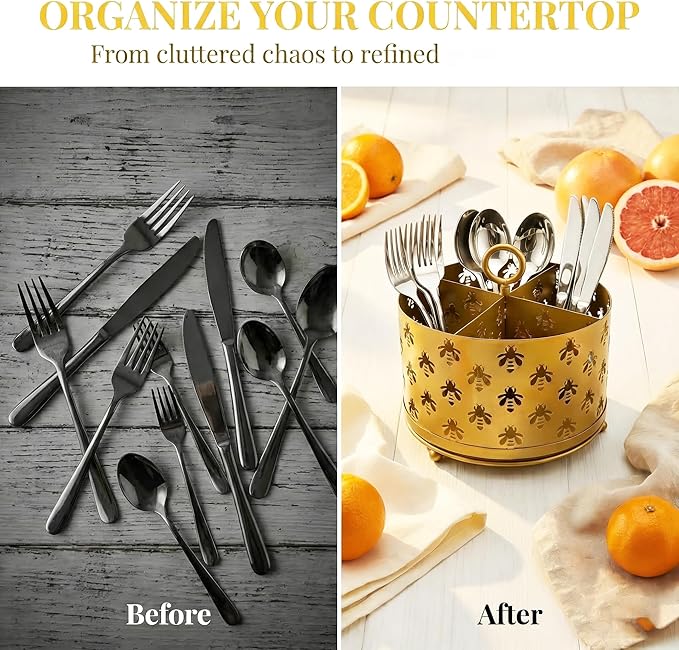NelyBet 360°Rotating Utensil Caddy Countertop - Bee Silverware Caddy Holder with 4 Compartment - Mesh Cutlery Caddy Holder with Handle for Party Kitchen Counter Office Gold