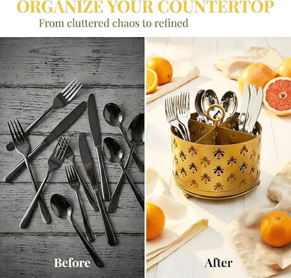NelyBet 360°Rotating Utensil Caddy Countertop - Bee Silverware Caddy Holder with 4 Compartment - Mesh Cutlery Caddy Holder with Handle for Party Kitchen Counter Office Gold