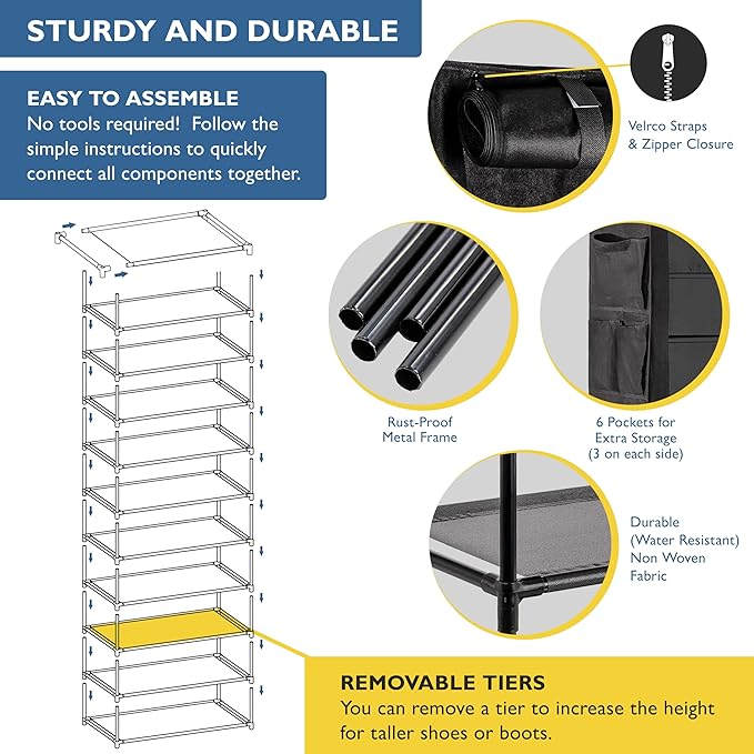 Sundaze Shoe Rack with Cover - 10 Tier Shoe Rack for Front Door Entrance, Sturdy Tall Shoe Organizer for Bedroom, Closet, Garage, Non Woven Fabric Shelf, Black, Holds Up to 50 Pairs
