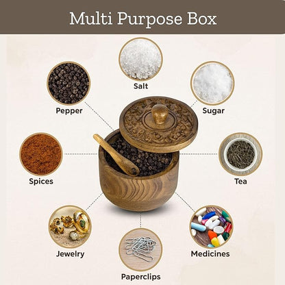 Mie Creations Rustic Salt Box Cellar with Hand Carved Lid & Spoon, Wooden Salt Pinch Bowls | Wood Salt Pepper Keeper, Spice Bowls for Cooking, Sugar Holder for Kitchen, Christmas Thanksgiving Decor