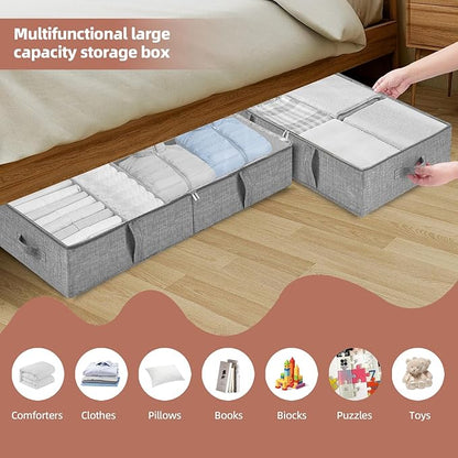 2-Pack Under Bed Toy Storage Boxes, Grey Toy Organizer with Clear PVC Lid, Foldable Under Couch Storage Bins (31.8×16×5.9in), Toys Storage Containers for Plush Dolls, Books, Clothes, Shoes & Blankets