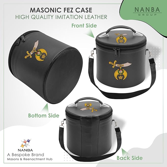 Machine Embroidered Shriner Fez Case – Deluxe Masonic Fez Cap Storage Box with Strap, Imitation Leather Gifts, Display Box for Masonic Fez Hats (Black)
