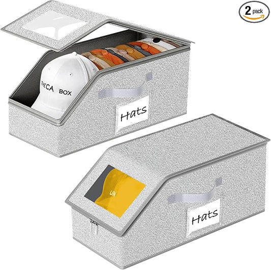 Hat Organizer for Baseball Caps 2PCS Stackable Storage with Clear Window Lid, Flip-Top Access, Space-Saving Hat Box for Closet, Breathable Fabric (Grey)