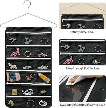 Bloss Hanging Jewelry Organizer, Black Earring Travel Storage Holder with 36 Zippered Pockets for Suitcase, Closet, Foldable Roll Case