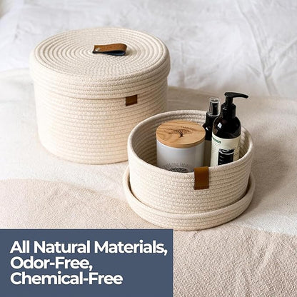 DENJA & CO Set of 2 Decorative Storage Baskets with Lids - Round Woven Baskets for Home Decor and Organizing - Small Shelf Baskets with Leather Tabs and Handles - Decorative Storage and Organizer Bins