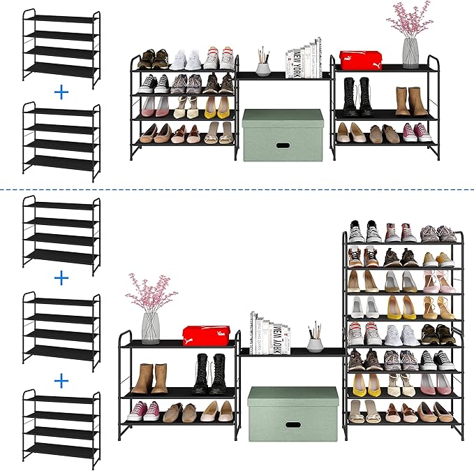 Simple Trending 4-Tier Stackable Shoe Rack, Expandable & Adjustable Fabric Shoe Shelf Storage Organizer, Black