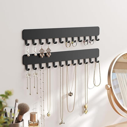 Wall-Mounted Jewelry Organizer, Self-Adhesive Hanging Holder with Hooks for Necklaces, Bracelets, Earrings - Display Storage for Women, 2PCS, Black