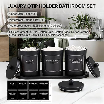 3 Pack Qtip Holder Bathroom Set,Cotton Ball Swab Pad Holder Cotton Round Floss Pick Dispenser with Tray,Glass Apothecary Jars with Lids,Bathroom Organizers and Storage Canisters-Black
