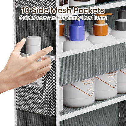 Simple Trending Over The Door Organizer with 10 Side Mesh Pockets, Hanging Storage Organizer with 5 Large Pockets, 50 lbs Weight Large Closet Organizer for Bedroom, Bathroom, Dark Grey