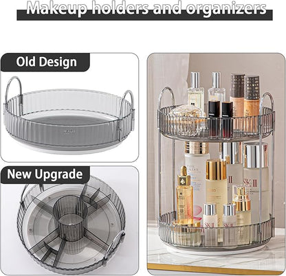 shuang qing Rotating Makeup Organizer for Vanity, High-Capacity Skincare Clear Make Up Storage Perfume Organizers Cosmetic Dresser Organizer Countertop 360 Spinning (Gray, New-2 Tier)