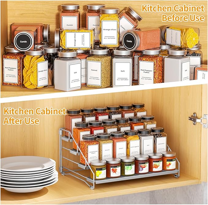 BOIVSHI 4 Tier Spice Rack for Cabinet, Spice Rack Organizer, Depth Adjustable Spice Organizer for Countertop, Cupboard, Pantry, Seasoning Shelf, Metal, Gray (1 Pack)