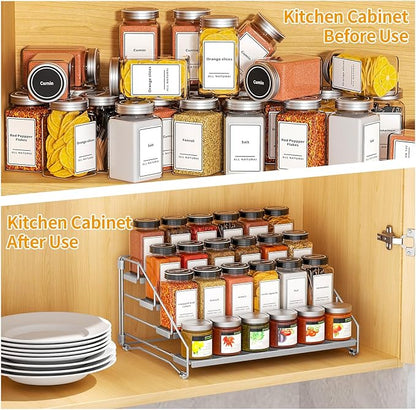 BOIVSHI 4 Tier Spice Rack for Cabinet, Spice Rack Organizer, Depth Adjustable Spice Organizer for Countertop, Cupboard, Pantry, Seasoning Shelf, Metal, Gray (1 Pack)