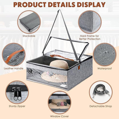 Kigley 3 Pcs Hat Storage Boxes, Hat Travel Case, Hats Organizer with Lids Cowboy Hat Holder for Baseball Caps Collapsible Foldable Stackable Hat Box for Men Women Home Closet, Grey