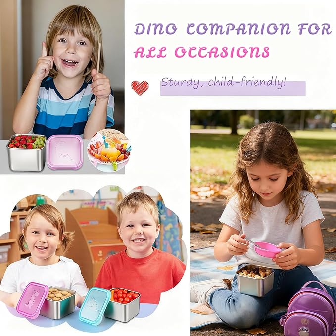 Tanjiae 6-Pack Small (6 oz) Stainless Steel Snack Containers for Kids, Easy-Open Toddler Snack Containers with Lids - Cute Dinosaur Small Stackable Metal Snack Box for Daycare, School, Travel