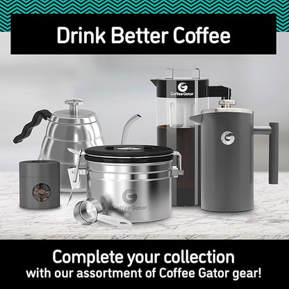 Coffee Gator Coffee Canister - 22oz, Airtight Stainless Steel Kitchen Food Storage Container with Date Tracker, Scoop for Grounds Coffee Bar Accessories, Beans, Tea, Sugar, Flour, Cereal - Silver