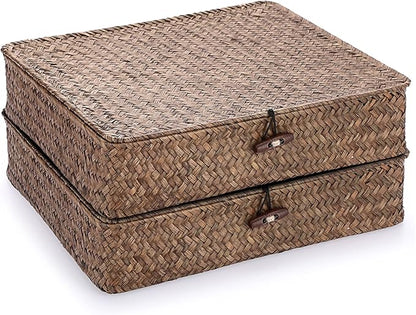 Hipiwe Woven Wicker Basket Bins with Lid - Set of 2 FLat Seagrass Storage Baskets Boxes Rectangular Shelf Baskets Home Organizer Bin for Shelf Organizing (Large Size, Coffee)