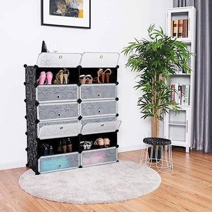 HAPPYGRILL Shoe Rack Organizer, 12-Cube Modular Plastic Shoes Storage Cabinet with 6-Tier Shoe Shelves & Transparent Doors, DIY Design, Freestanding Shoe Cabinet for 24 Pairs Shoes (Black)