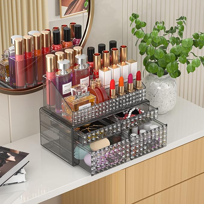 Awenia 2 Pack Stackable Makeup Organizer with Drawers[Upgraded]-Acrylic Make up Organizers and Storage Case for Cosmetics,Brush,Perfume,Jewelry Display, Vanity and Bathroom Accessories