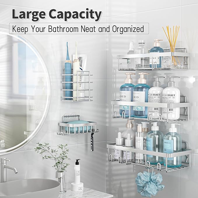 Liuoud 5 Pack Shower Caddy Organizer Rack Shelf for Inside Shower, Self Adhesive Bathroom Wall Storage Basket Rustproof Stainless Steel Large Capacity Shampoo Holder, Silver