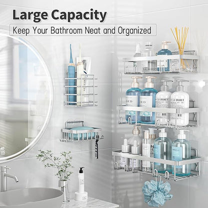 Liuoud 5 Pack Shower Caddy Organizer Rack Shelf for Inside Shower, Self Adhesive Bathroom Wall Storage Basket Rustproof Stainless Steel Large Capacity Shampoo Holder, Silver