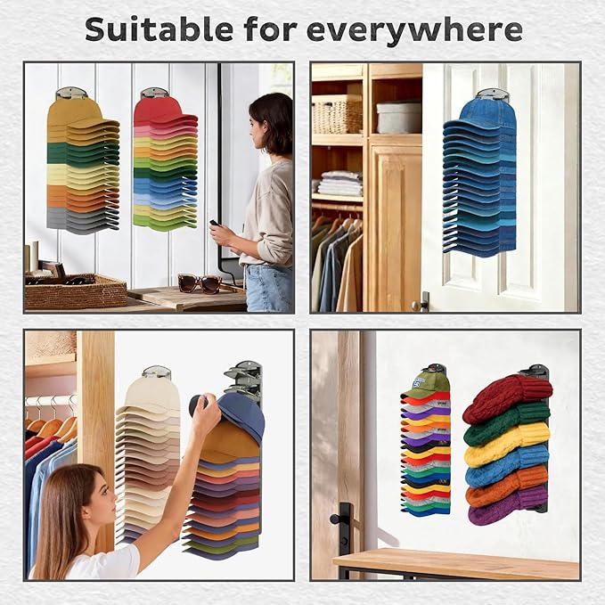Spring Clip Hat Organizer Hold Storage 40 Caps for Baseball Caps（2-Pack） Wall Mount Closet & Door Hat Rack Holder Hanging Closet Install with Strong Adhesive or Screws.