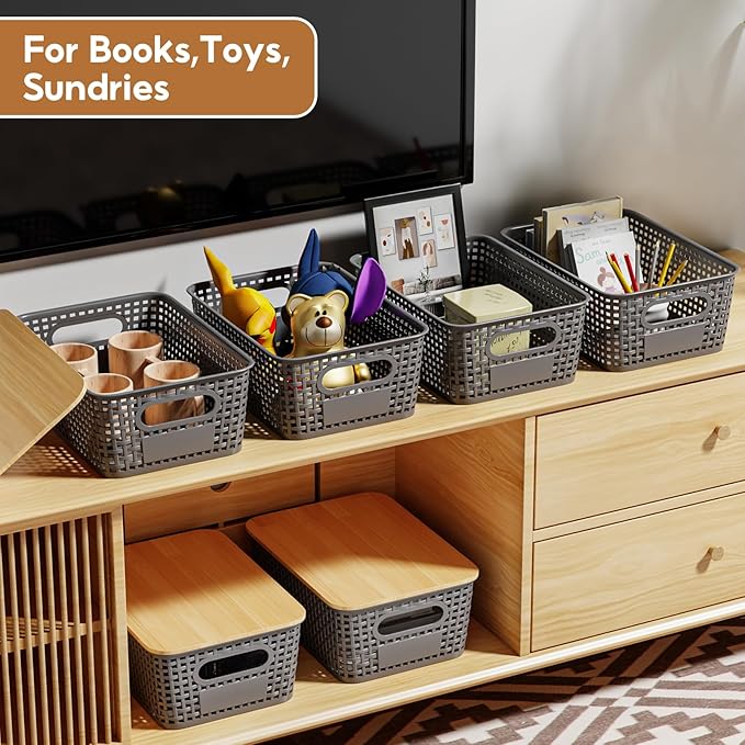 8 Pcs Plastic Storage Bins with Bamboo Lids and Labels 5.29qt Stackable Box Basket Pantry Decorative Containers, Small Storage Baskets for Drawers Organizing Closets Bedrooms Cabinets 10*7.2*4.1"