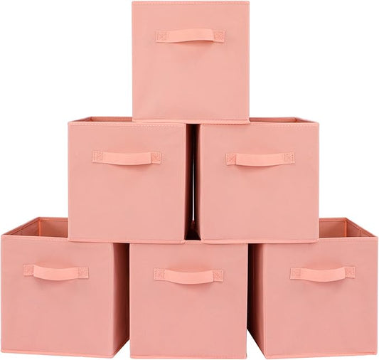 Stero Fabric Storage Bins 6 Pack Fun Colored Durable Storage Cubes with Fabric Handles Foldable Cube Baskets for Home, Kids Room, Closet and Toys Organization Peachpuff