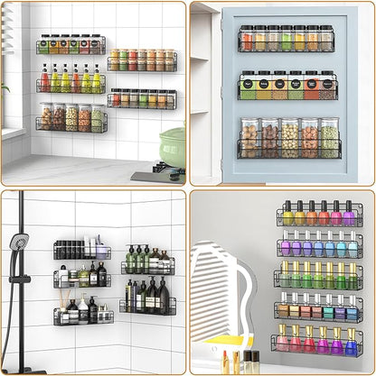 Wall Mounted Spice Rack Organizer, Pantry Door Organizer & Hanging Storage Baskets, Metal Spice Shelf for Kitchen Cabinet, 3 Depth Sizes Hold Large Jars to Nail Polish Bottles, 5 Pack