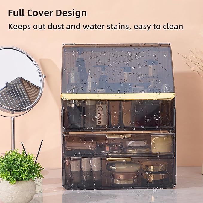 Large 3-Tier Makeup Organizer with Drawers and Lipstick Holder, Dustproof Waterproof Skincare Storage Box for Bathroom Countertop, Vanity Cosmetic Organizer,Clear Black