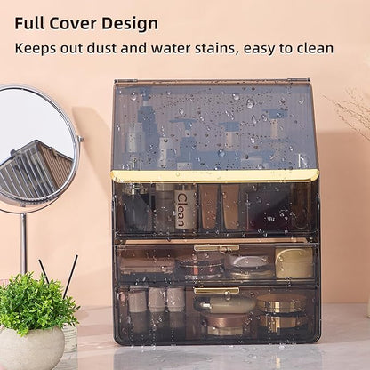 Large 3-Tier Makeup Organizer with Drawers and Lipstick Holder, Dustproof Waterproof Skincare Storage Box for Bathroom Countertop, Vanity Cosmetic Organizer,Clear Black