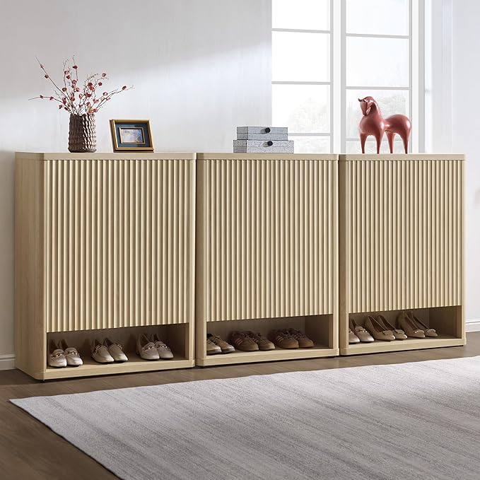 SICOTAS Shoe Cabinet 44 inch Tall Fluted Shoe Cabinet with Doors & 4 Shelves Wooden Large Hidden Shoe Storage Organizer Modern Free Standing 6-Tier Cabinet for Entryway Living Room Closet